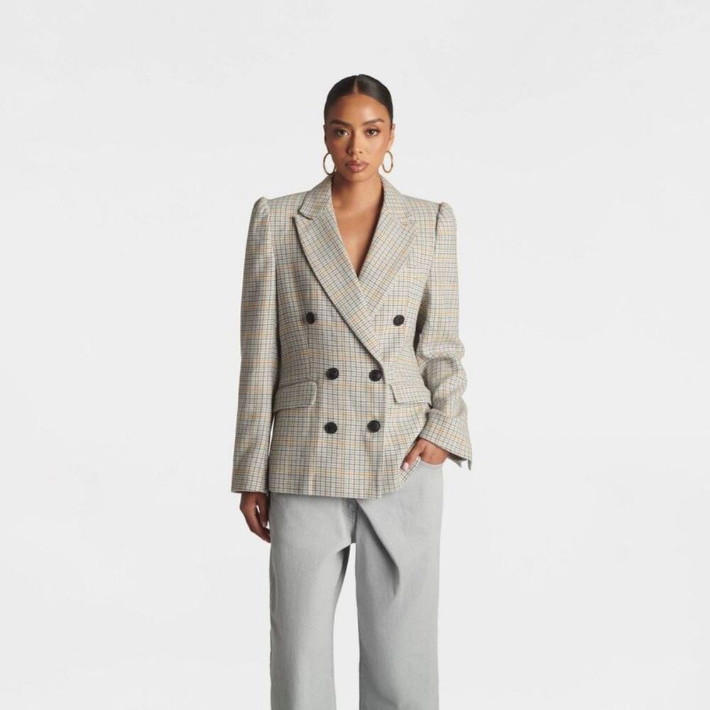 KBB by KAHLANA Women's 'The Puffed Sleeve Blazer' - Khaki Plaid S
